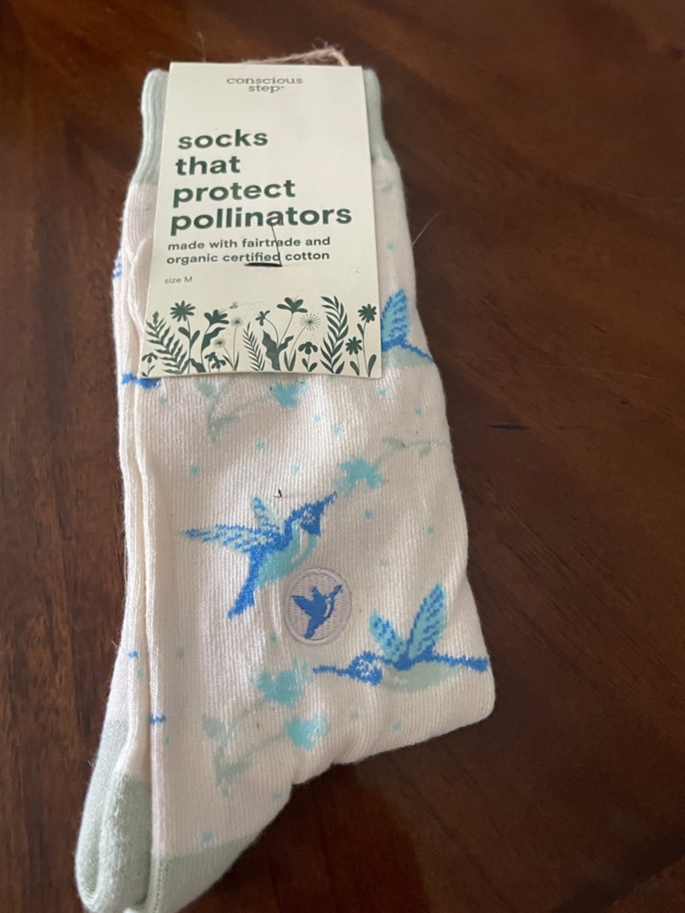 Conscious Step Women’s Cream Socks with Blue Hummingbird Design